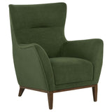 Catala Matcha/Coffee accent chair, green upholstery and tapered wood legs, three-quarter view