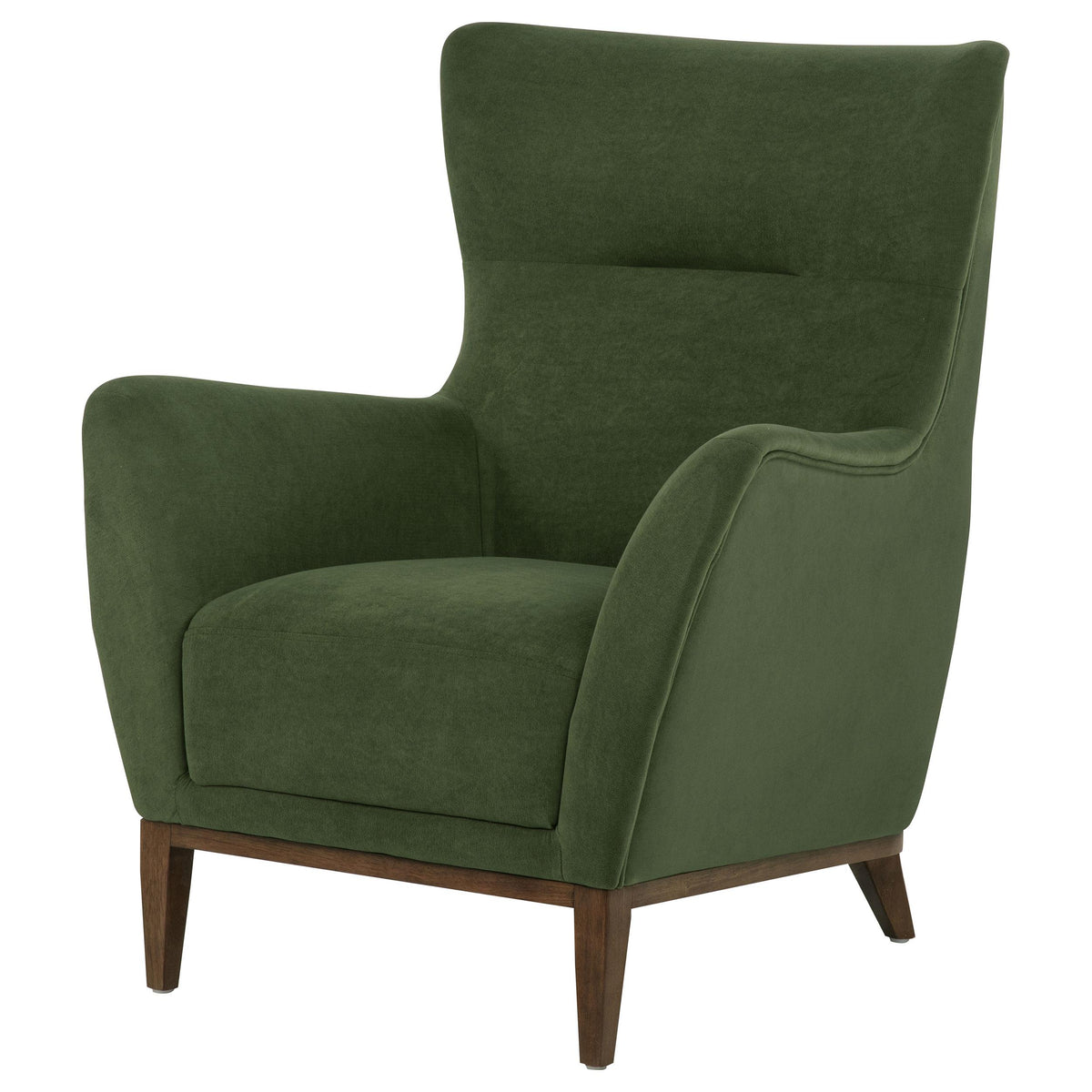 Catala Matcha/Coffee accent chair, green upholstered wingback profile, angled front view