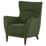 Catala Matcha/Coffee accent chair, green upholstered wingback profile, angled front view