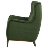 Catala Matcha/Coffee accent chair, side profile, wrapped green upholstery and wood legs