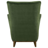 Catala Matcha/Coffee accent chair, back view, fully upholstered green rear panel