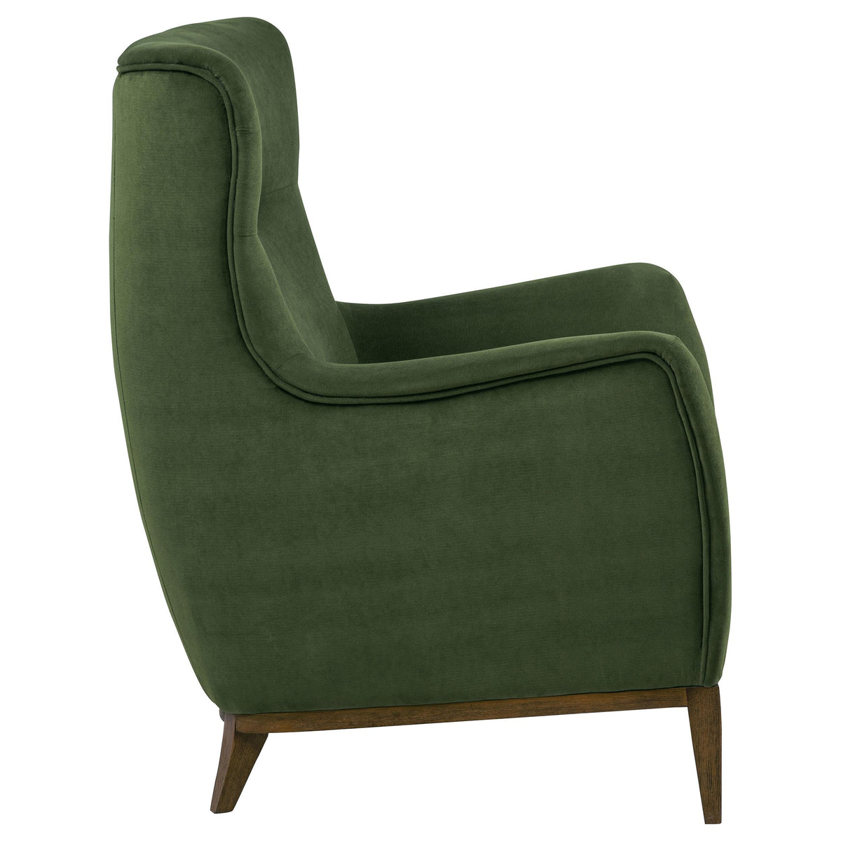 Catala Matcha/Coffee accent chair, side profile with tall back and continuous green upholstery