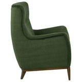 Catala Matcha/Coffee accent chair, side profile with tall back and continuous green upholstery