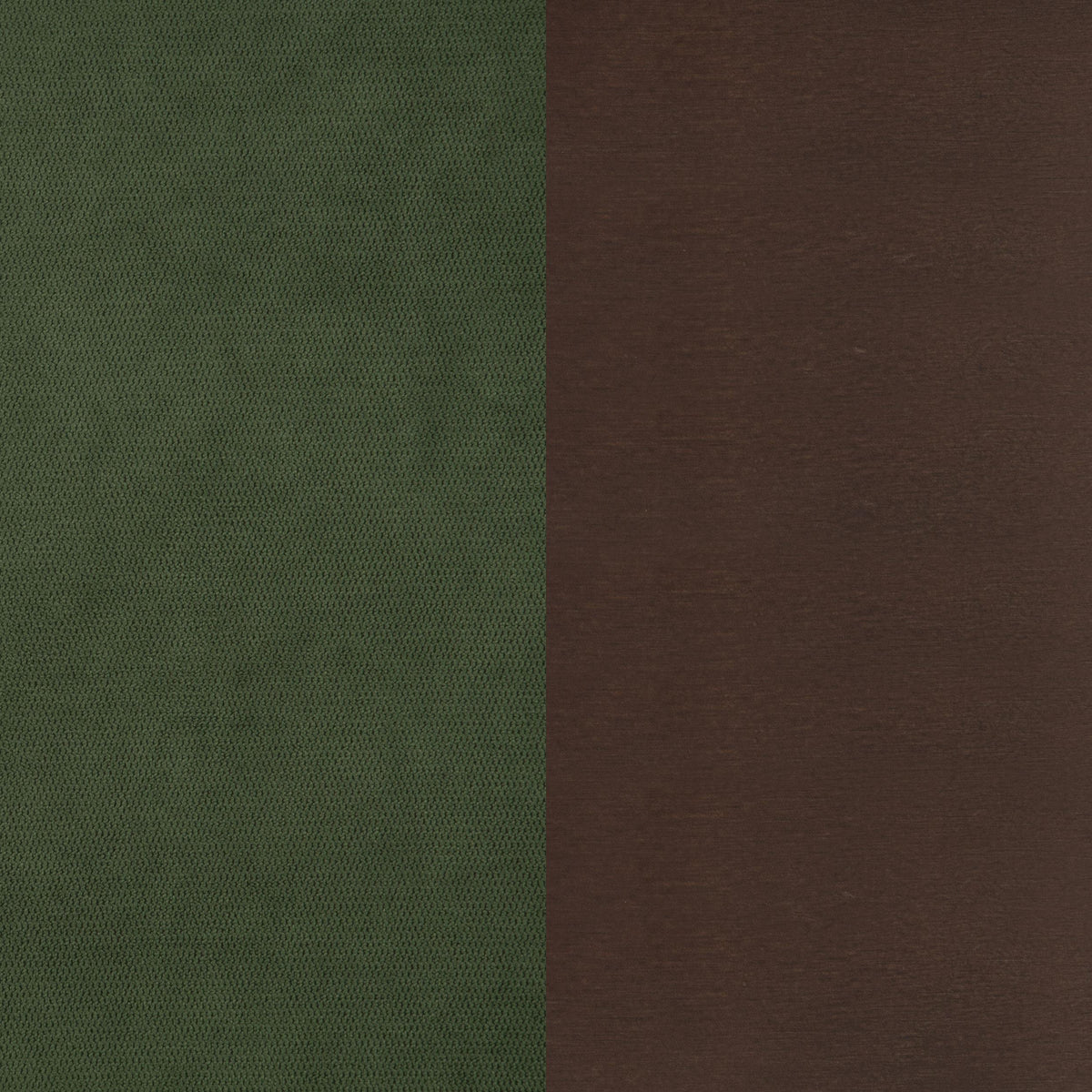 Catala Matcha/Coffee accent chair material split view, green upholstery beside coffee-brown wood finish