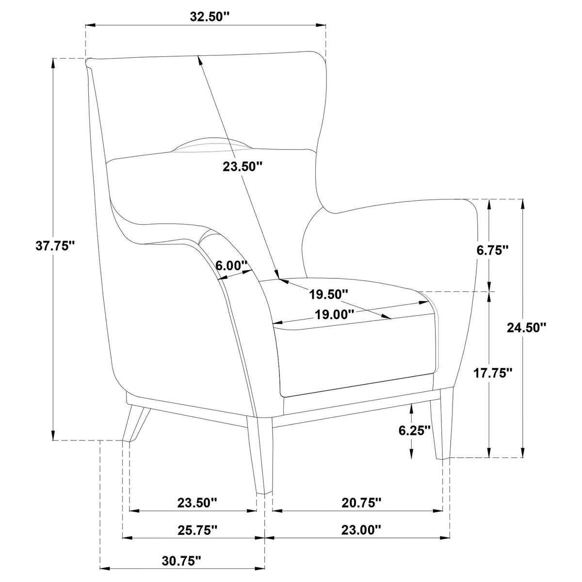Catala Matcha/Coffee accent chair dimensions diagram, 30.75 W x 32.5 D x 37.75 H