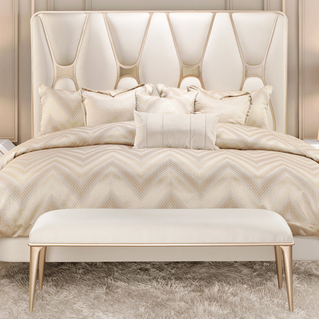 La Rachelle Medium Champagne Eastern King Upholstered Panel from Michael Amini - Luna Furniture