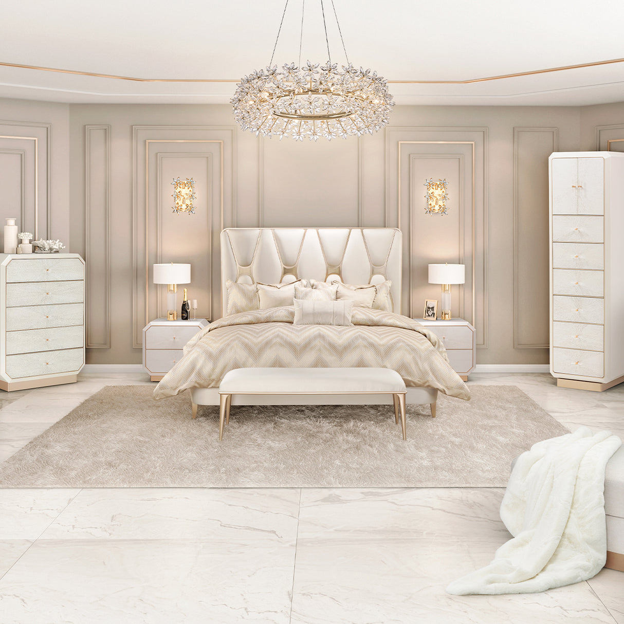 La Rachelle Medium Champagne Queen Upholstered Panel Bed from Michael Amini - Luna Furniture