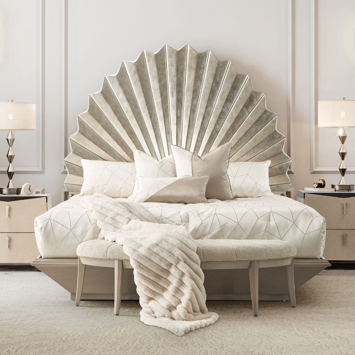 Fantosini Silver Leaf Eastern King Fan Bed from Michael Amini - Luna Furniture