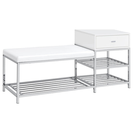 Siega White High Gloss 1-Drawer Shoe Storage Entryway Bench and Chrome from Coaster - Luna Furniture