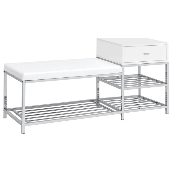 Siega White High Gloss 1-Drawer Shoe Storage Entryway Bench and Chrome