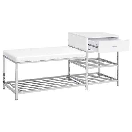 Siega White High Gloss 1-Drawer Shoe Storage Entryway Bench and Chrome from Coaster - Luna Furniture