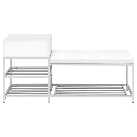 Siega White High Gloss 1-Drawer Shoe Storage Entryway Bench and Chrome from Coaster - Luna Furniture