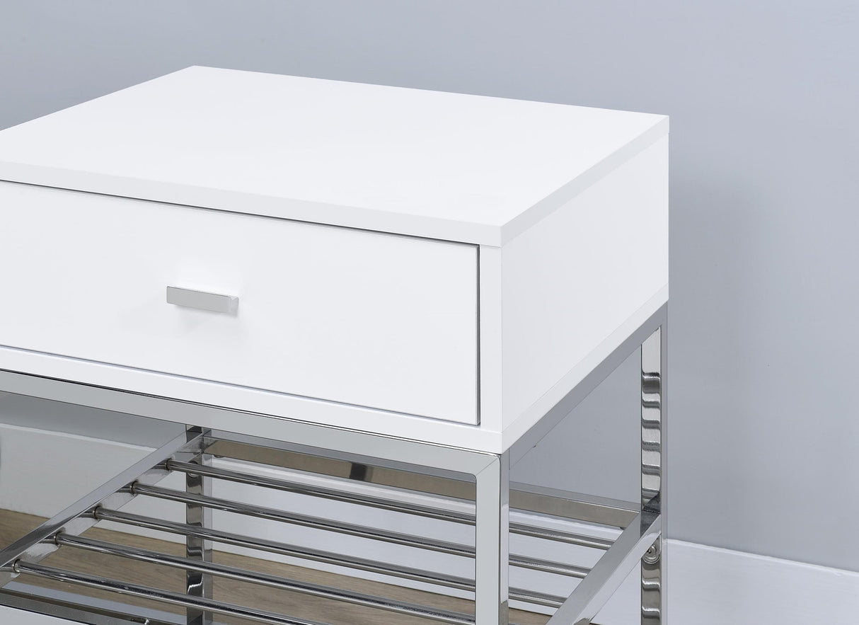 Siega White High Gloss 1-Drawer Shoe Storage Entryway Bench and Chrome from Coaster - Luna Furniture