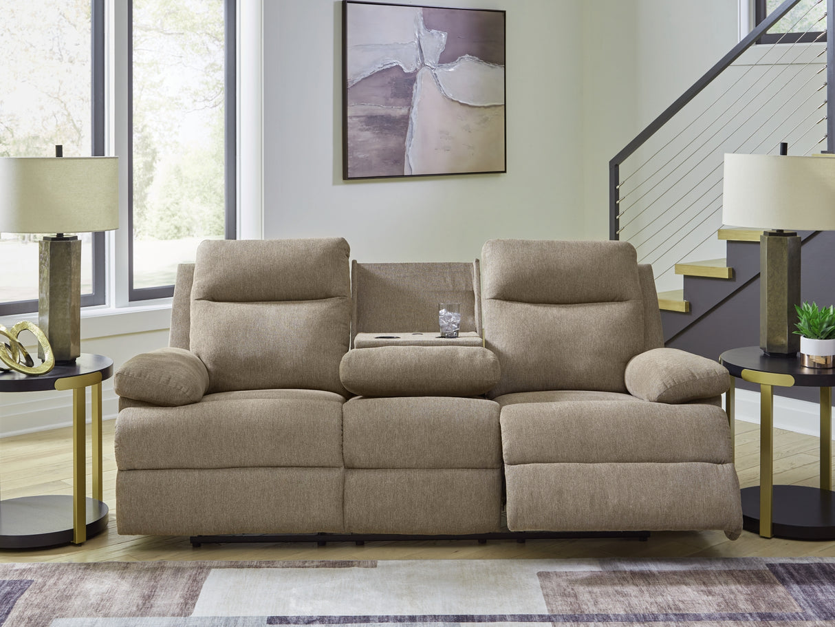 Side-Swipe Mocha Reclining Sofa with Drop Down Table from Ashley Furniture - Luna Furniture