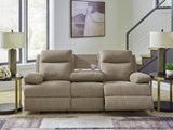 Side-Swipe Mocha Reclining Sofa with Drop Down Table from Ashley Furniture - Luna Furniture