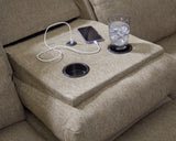Side-Swipe Mocha Reclining Sofa with Drop Down Table from Ashley - Luna Furniture