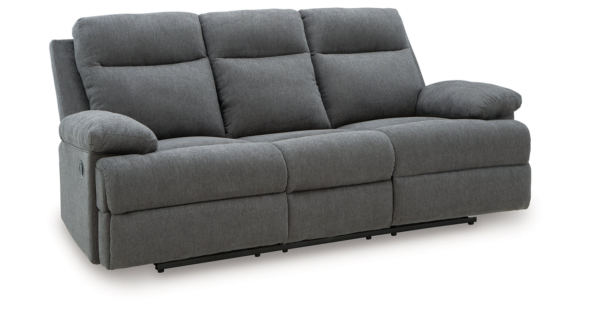 Side-Swipe Charcoal Reclining Sofa with Drop Down Table from Ashley Furniture - Luna Furniture