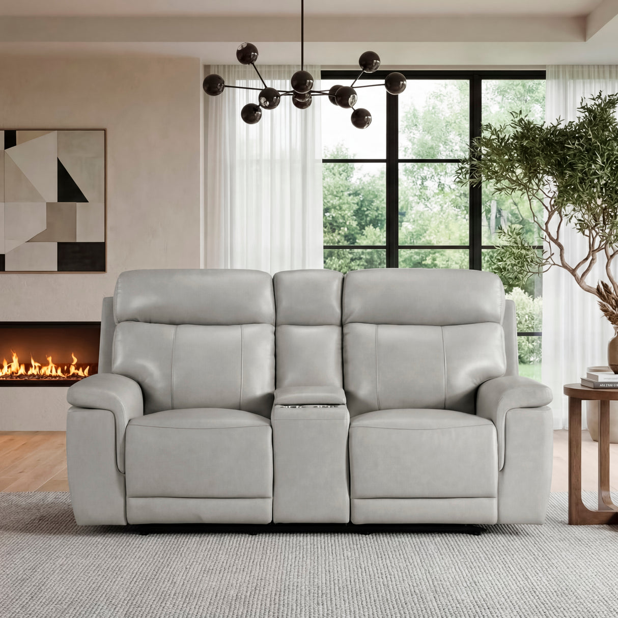 Celestia Light Gray Power Double Reclining Loveseat with Power Headrest and Center Console