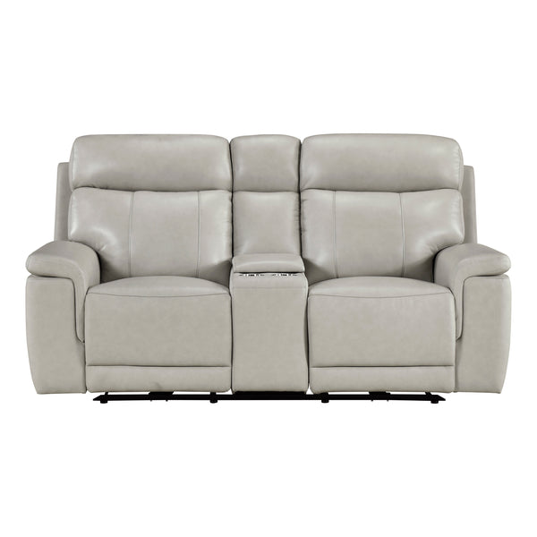 Celestia Light Gray Power Double Reclining Loveseat with Power Headrest and Center Console