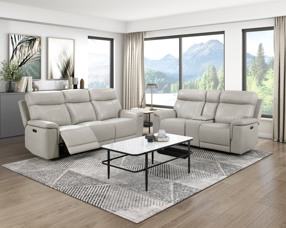 Celestia Light Gray Power Double Reclining Loveseat with Power Headrest and Center Console