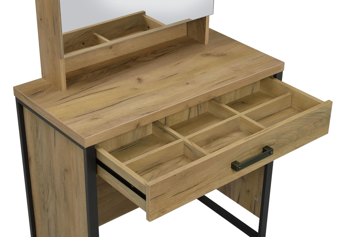 Bettin Golden Oak Vanity Set with Sliding Mirror and Stool from Coaster - Luna Furniture