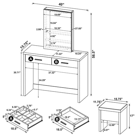 Bunbury White Makeup Vanity Table Set Storage Mirror and Stool from Coaster - Luna Furniture
