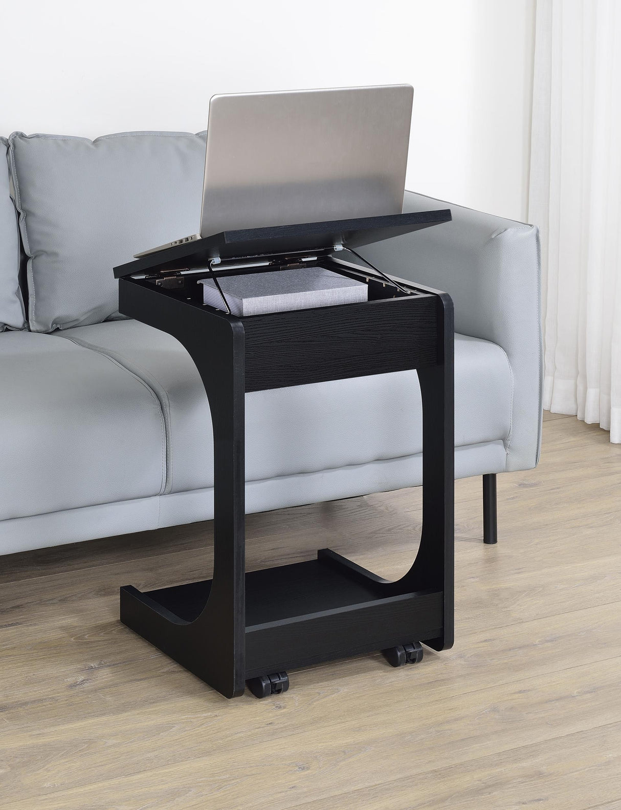 Ralston Black C-Shaped Lift-Top Sofa Side Table With Casters from Coaster - Luna Furniture