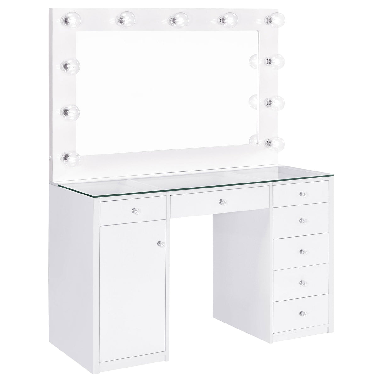 Percy White 7-Drawer Glass Top Vanity Desk with Lighting from Coaster - Luna Furniture