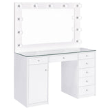 Percy White 7-Drawer Glass Top Vanity Desk with Lighting from Coaster - Luna Furniture