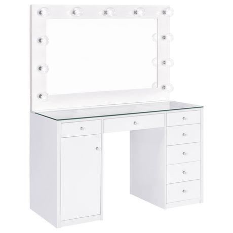 Percy White 7-Drawer Glass Top Vanity Desk with Lighting from Coaster - Luna Furniture
