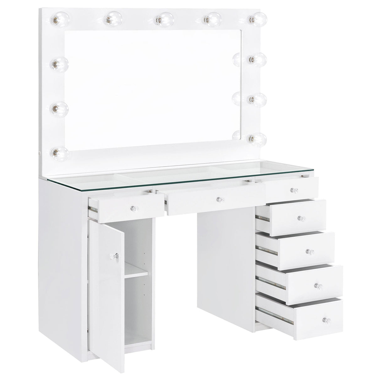 Percy White 7-Drawer Glass Top Vanity Desk with Lighting from Coaster - Luna Furniture