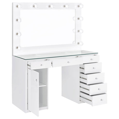 Percy White 7-Drawer Glass Top Vanity Desk with Lighting from Coaster - Luna Furniture