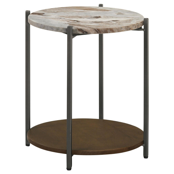 Noemie White and Gunmetal Round Marble Top Accent Side Table