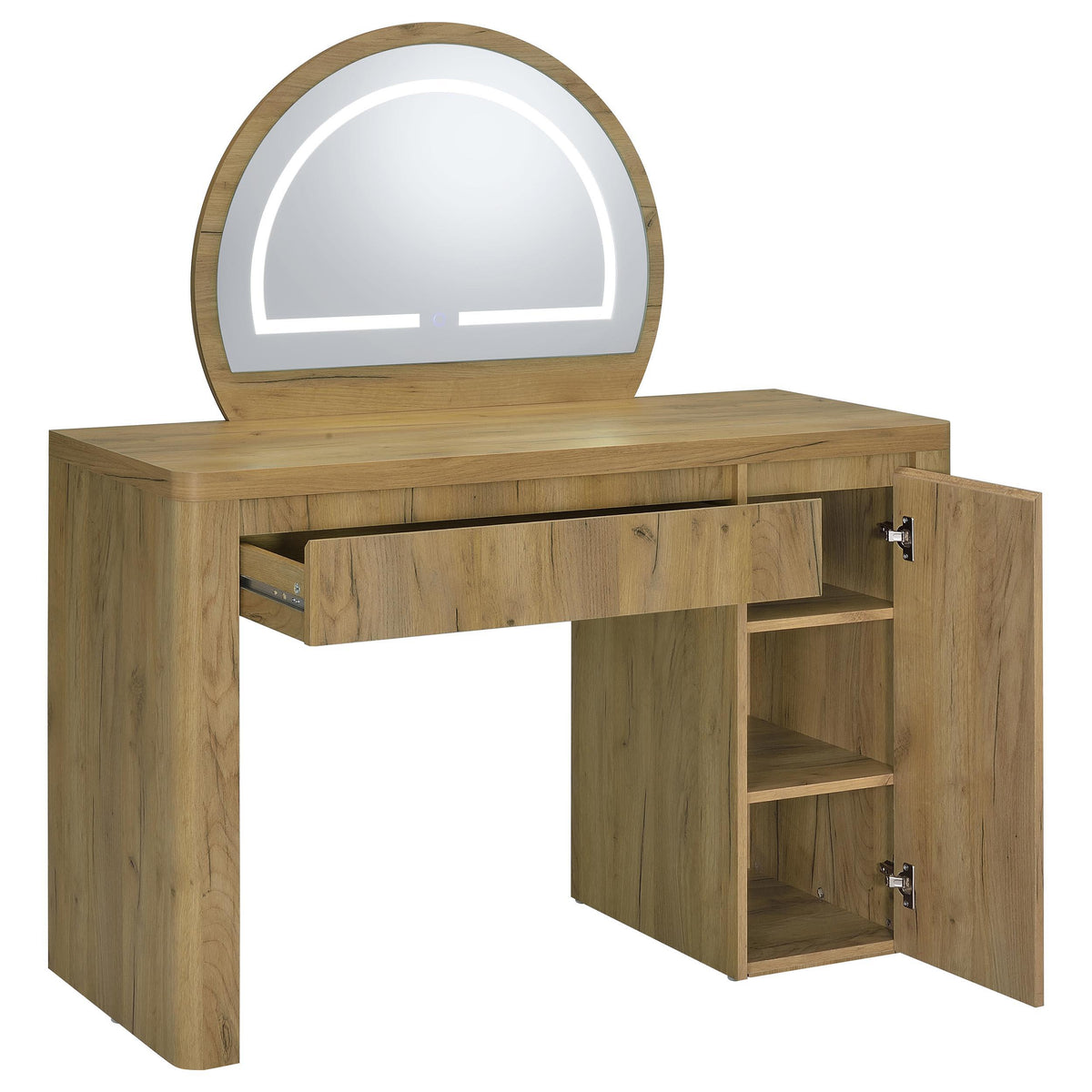Irwin Rustic Oak Vanity Table with LED Mirror and Storage from Coaster - Luna Furniture