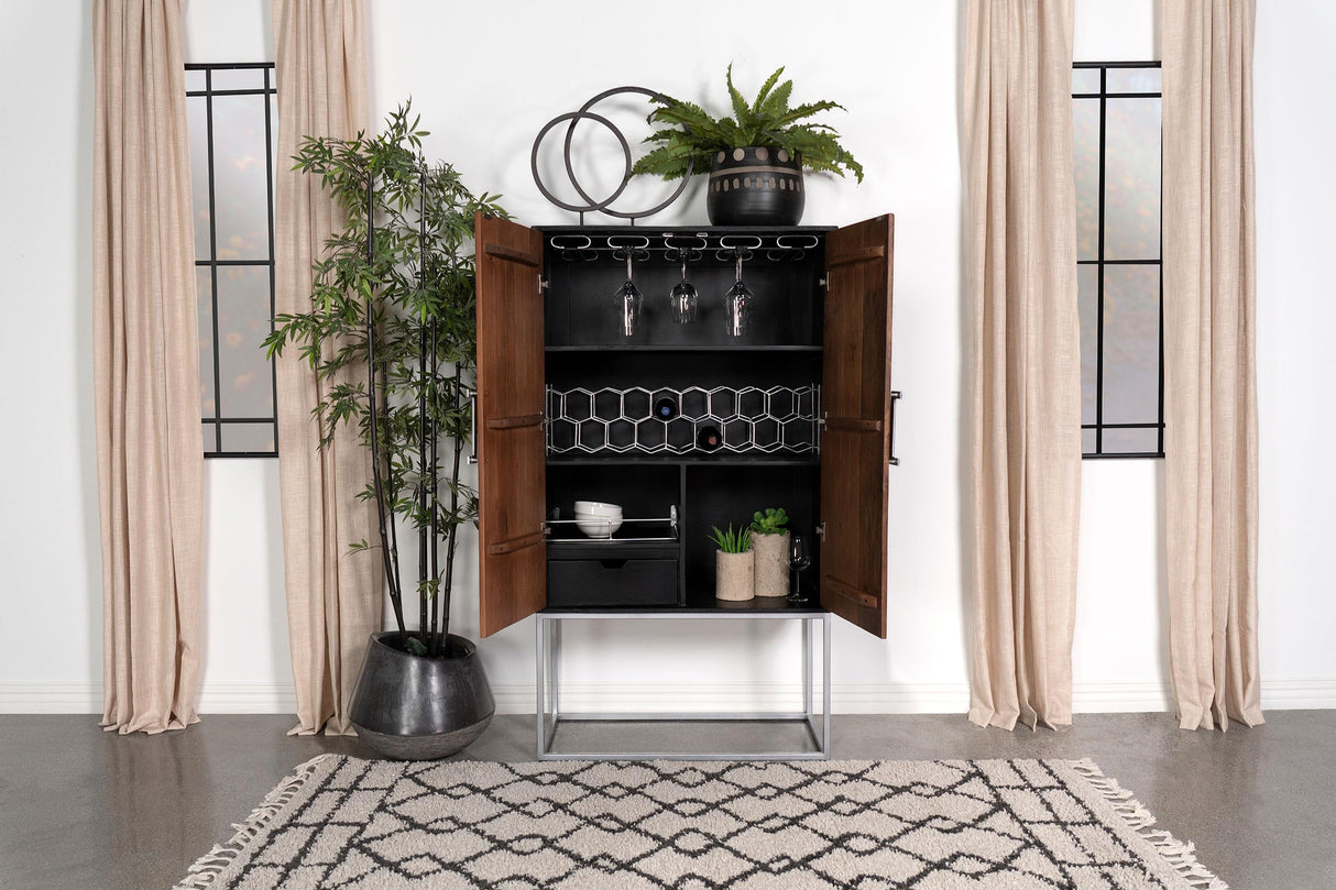 Borman Walnut and Black 2-Door Bar Cabinet Wine Storage from Coaster - Luna Furniture