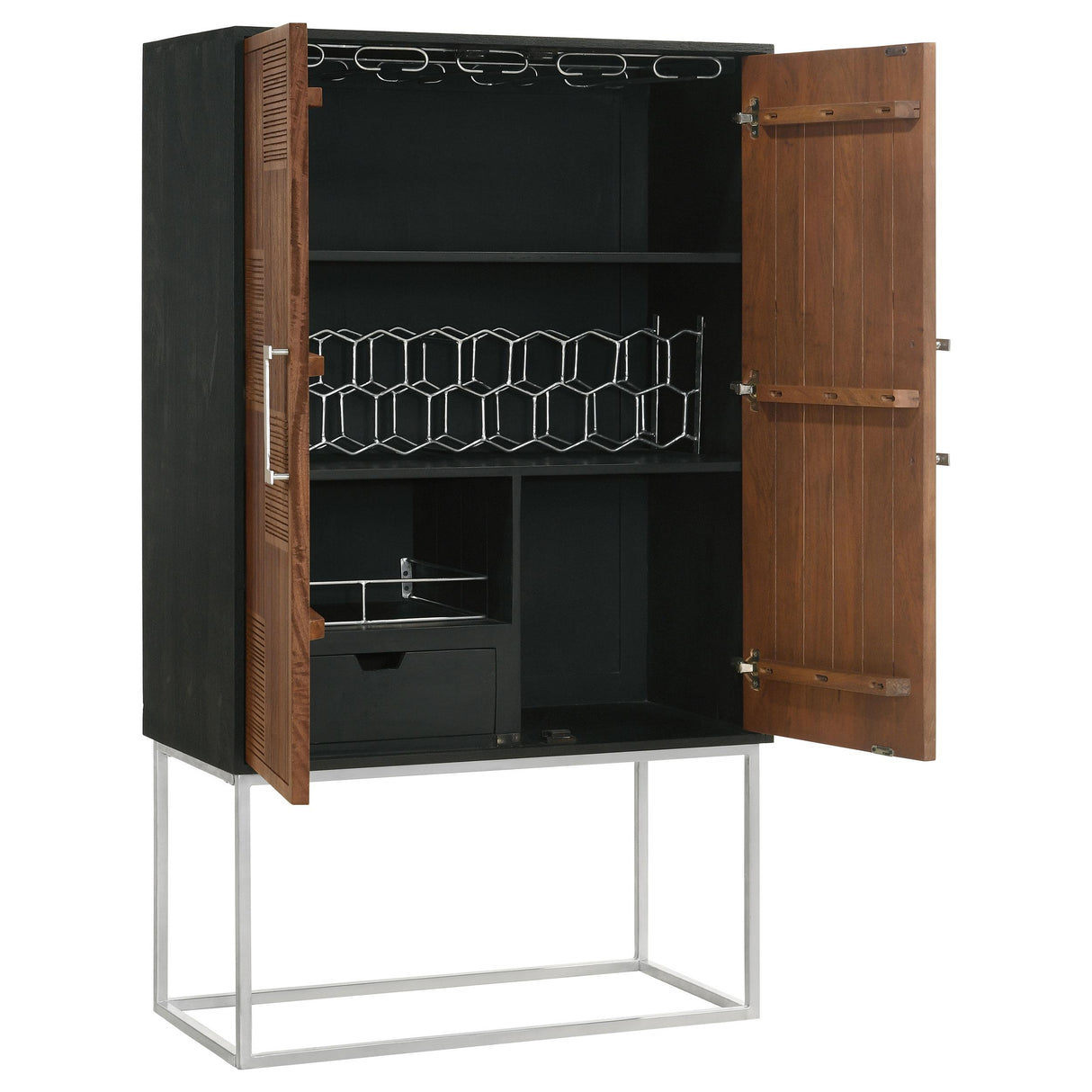 Borman Walnut and Black 2-Door Bar Cabinet Wine Storage from Coaster - Luna Furniture