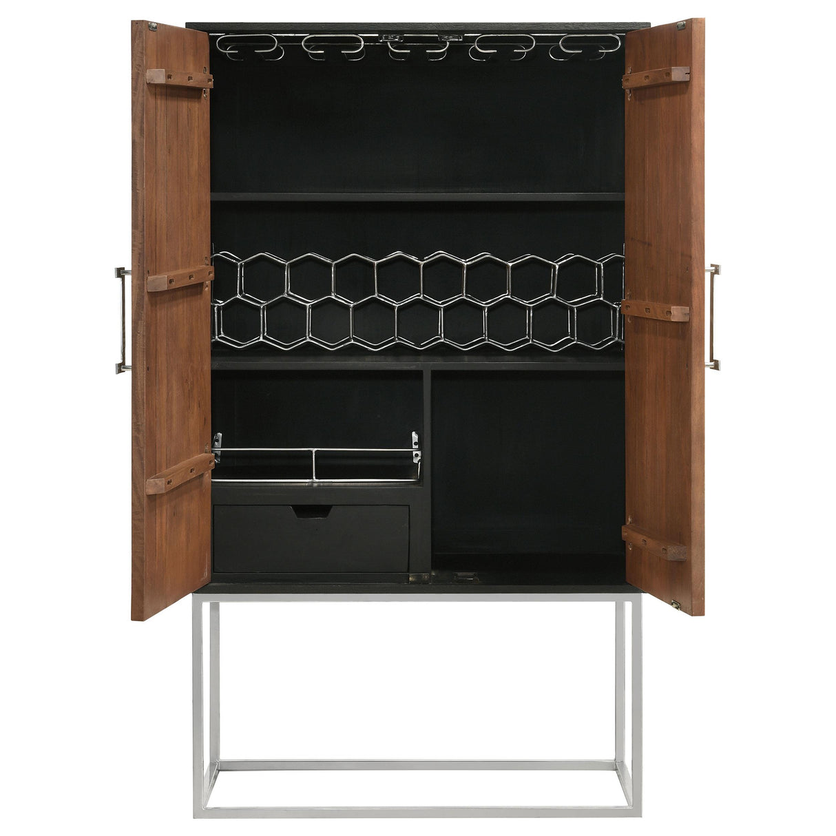 Borman Walnut and Black 2-Door Bar Cabinet Wine Storage from Coaster - Luna Furniture