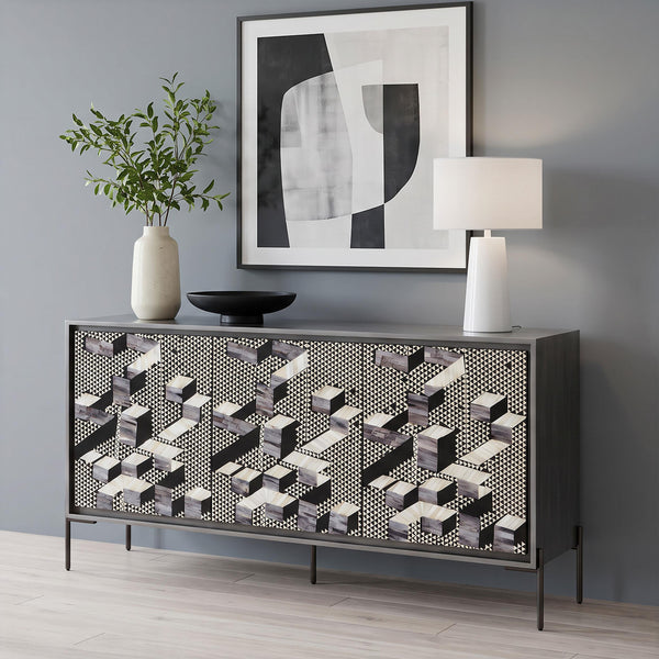 Krause Gray/Black 3-Door Bone Inlay Accent Cabinet