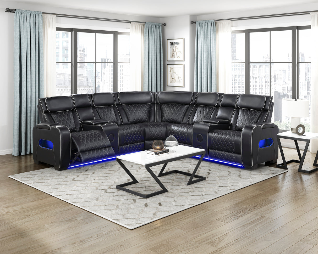 Fairway Black 3-Piece LED Power Reclining Sectional with Consoles and Wireless speakers from Homelegance - Luna Furniture