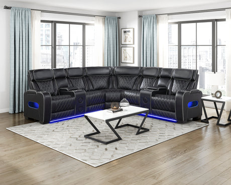 Fairway Black 3-Piece LED Power Reclining Sectional with Consoles and Wireless speakers from Homelegance - Luna Furniture