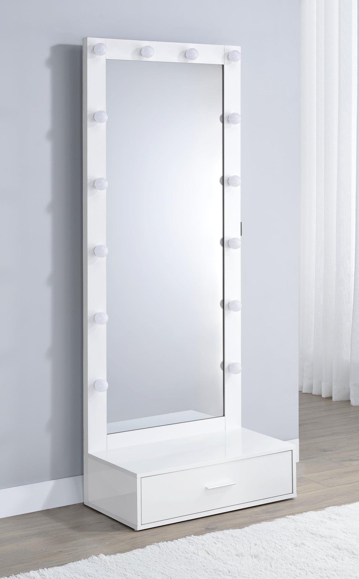 Spector White High Gloss 1-Drawer Lighted Full-Length Floor Mirror from Coaster - Luna Furniture