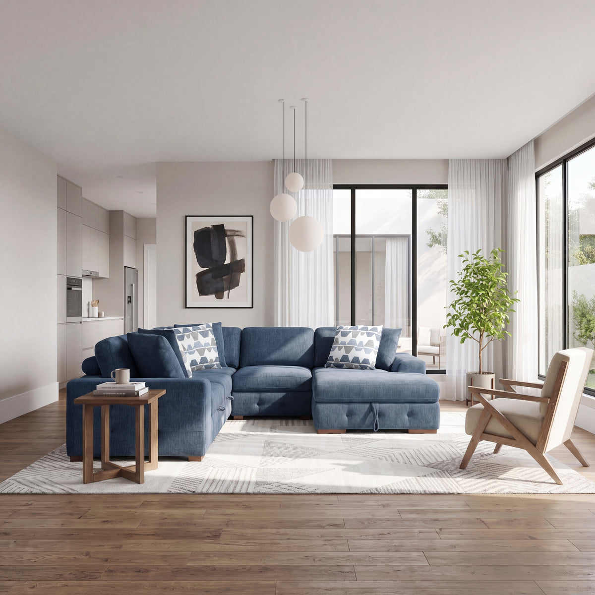Raife Blue 4-Piece Sectional with Right Chaise and Pull-out Bed