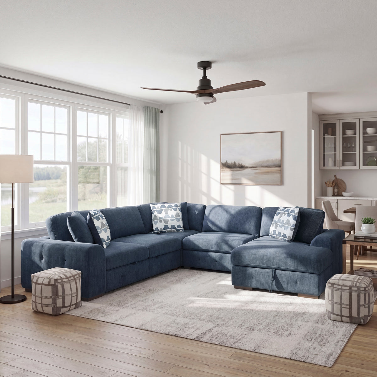Raife Blue 4-Piece Sectional with Right Chaise and Pull-out Bed