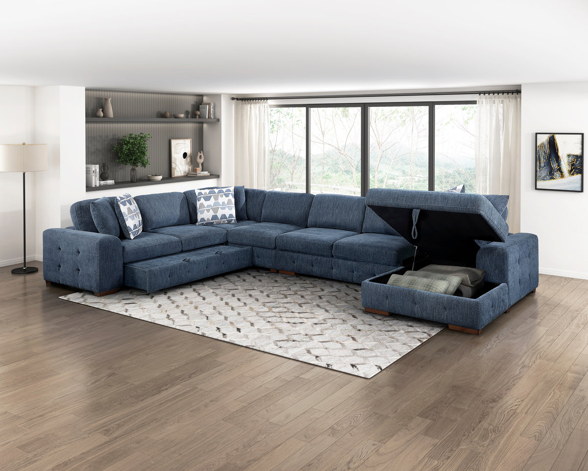Raife Blue 5-Piece Sectional with Right Chaise and Pull-out Bed