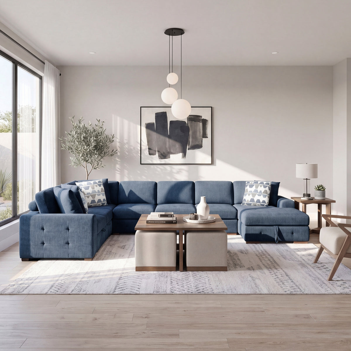 Raife Blue 5-Piece Sectional with Right Chaise and Pull-out Bed