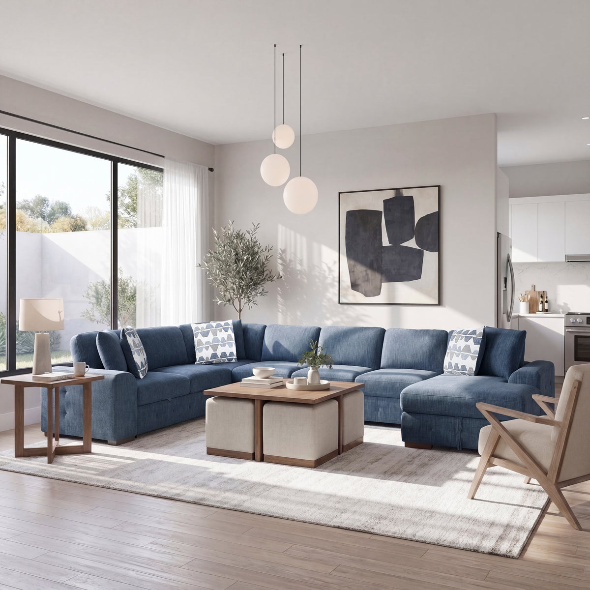 Raife Blue 5-Piece Sectional with Right Chaise and Pull-out Bed