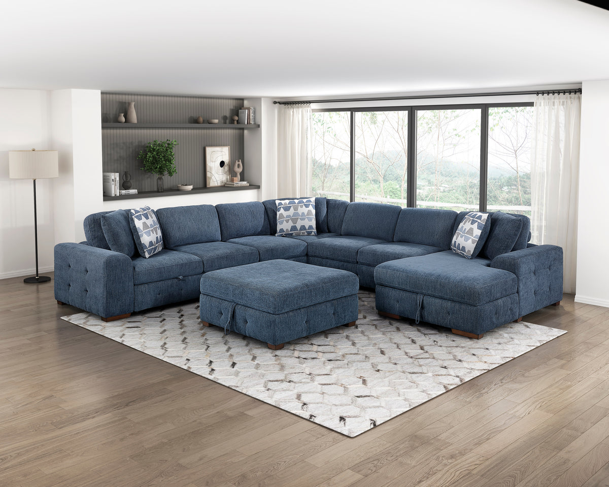 Raife Blue 5-Piece Right Chaise Sectional with Ottoman