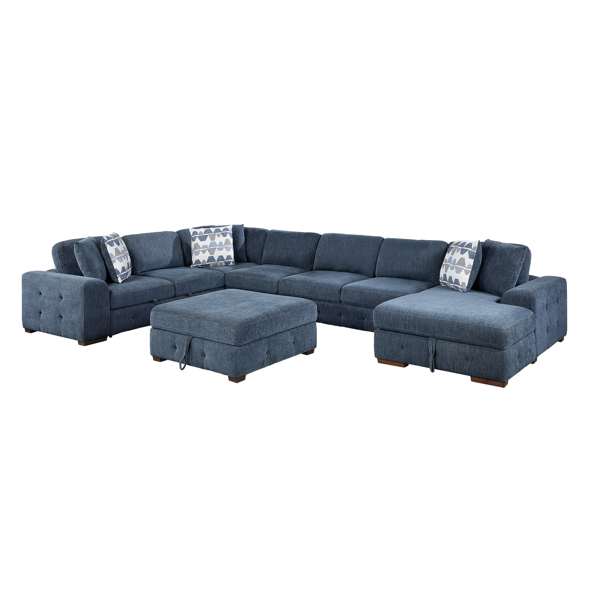 Raife Blue 5-Piece Right Chaise Sectional with Ottoman