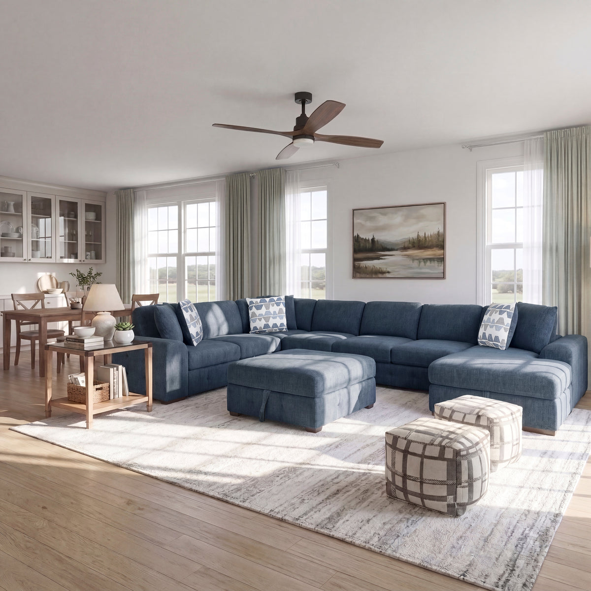 Raife Blue 5-Piece Right Chaise Sectional with Ottoman