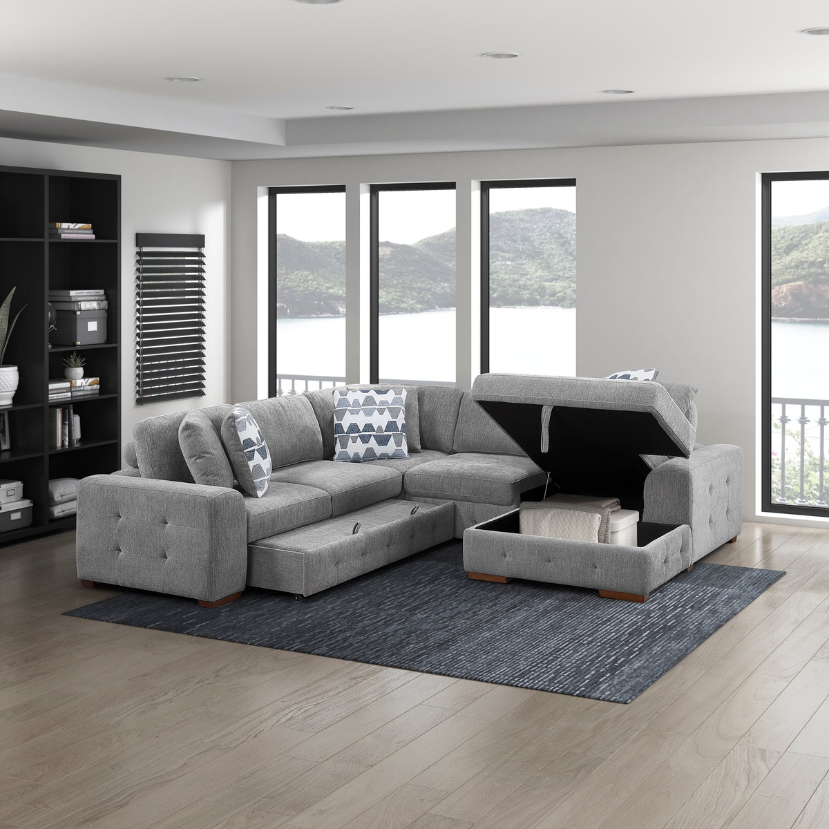 Raife Gray 4-Piece Sectional with Right Chaise and Pull-out Bed